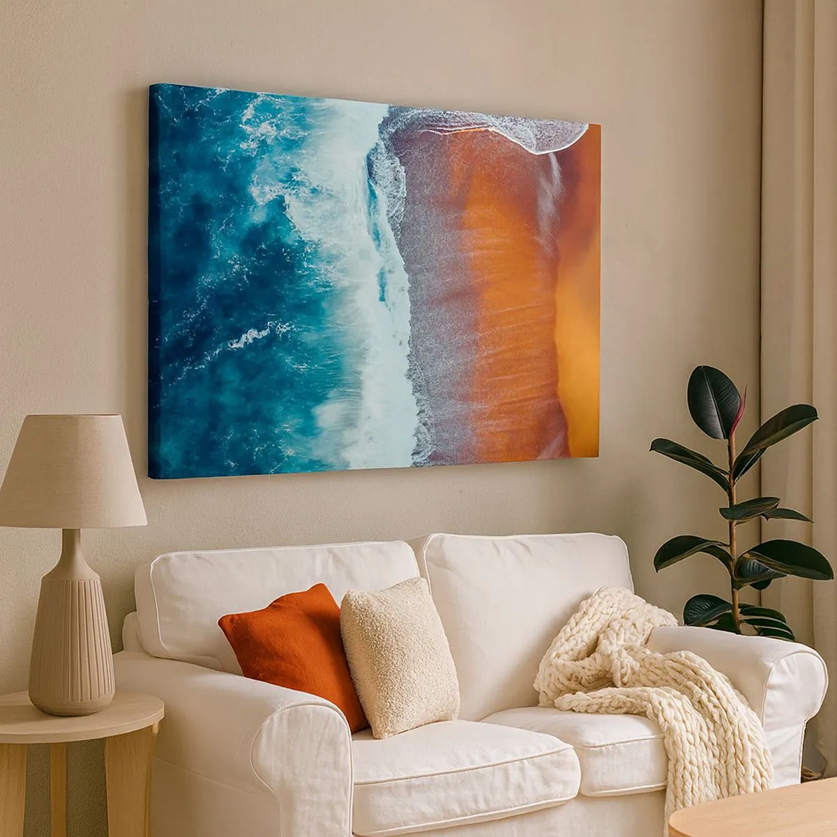 Bild auf Leinwand - Leinwandbild - Ein Blick auf die Meereswellen, die am goldenen Strand brechen - 70x50cm - Berührung des Ozeans - Moderne Wanddekoration für Wohnzimmer und Schlafzimmer ARTTOR