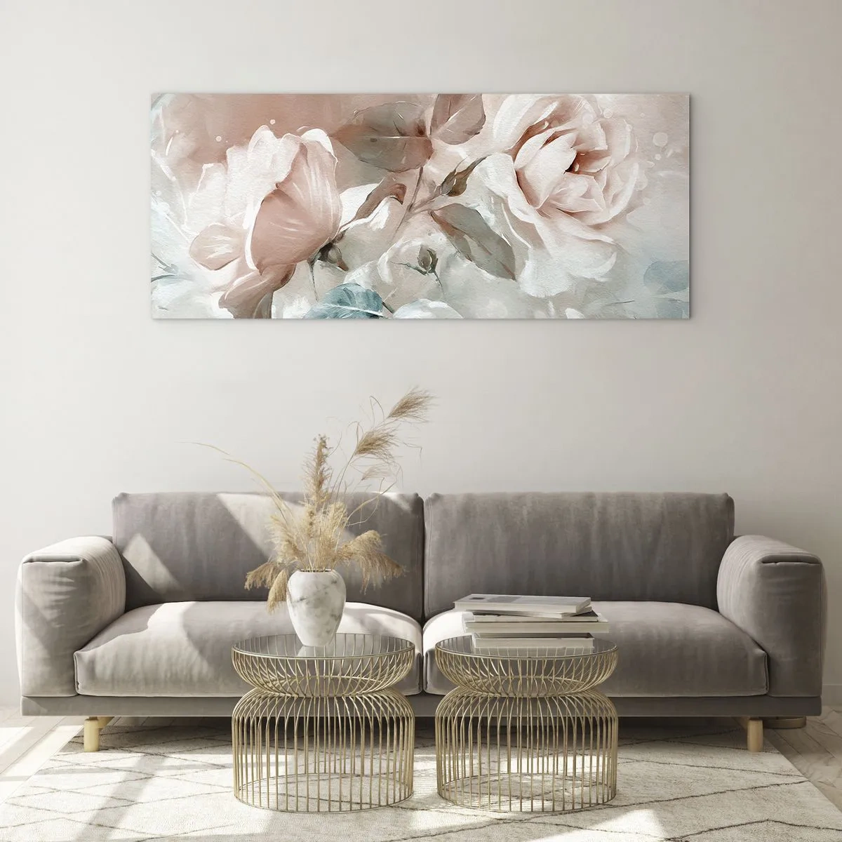 Glasbild - Bild auf glas - Zarte Rosen in Pastelltönen auf hellem Untergrund - 160x50cm - Geist der Romantik - Moderne Wanddekoration für Wohnzimmer und Schlafzimmer ARTTOR