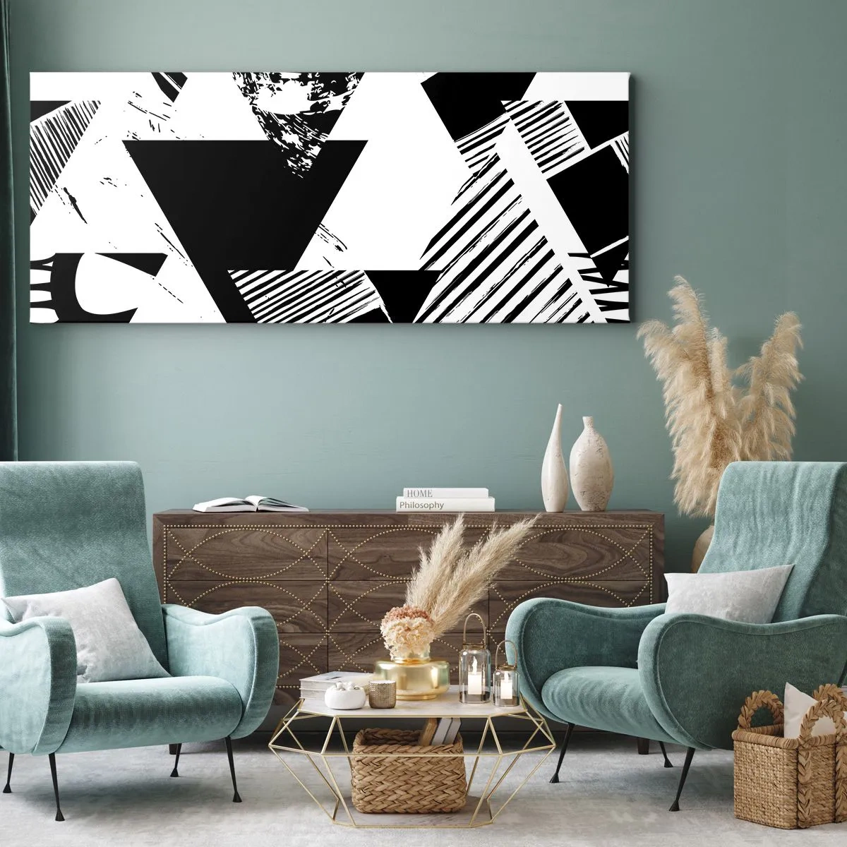 Bild auf Leinwand - Leinwandbild - Geometrische Muster in minimalistischer Schwarz-Weiß-Form - 140x50cm - Regen von Dreiecken - Moderne Wanddekoration für Wohnzimmer und Schlafzimmer ARTTOR
