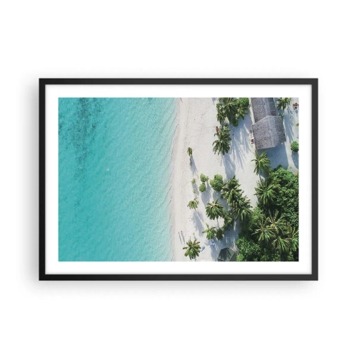 Poster in einem schwarzem Rahmen - Eine Vogelperspektive auf einen tropischen Strand mit türkisfarbenem Wasser und Palmen - 70x50cm - Urlaub im Paradies - Moderne Wanddekoration für Wohnzimmer und Schlafzimmer ARTTOR