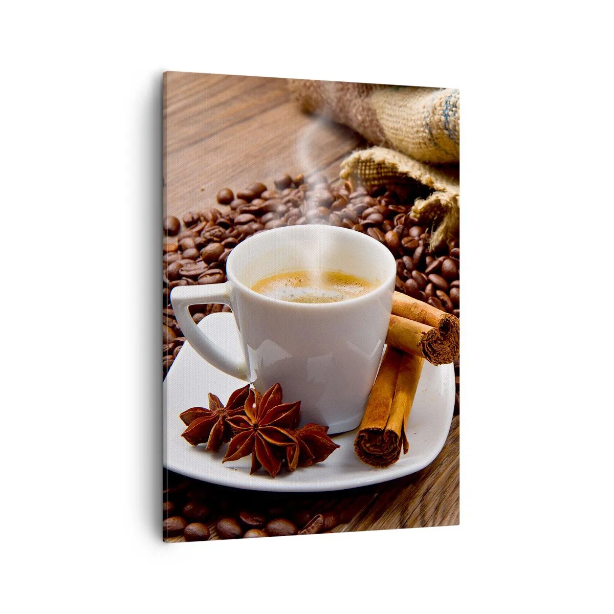 Bild auf Leinwand - Leinwandbild - Eine Tasse Kaffee mit Zimt und Anis auf einem Hintergrund aus Kaffeebohnen - 50x70cm - Würziger Geschmack und Aroma - Moderne Wanddekoration für Wohnzimmer und Schlafzimmer ARTTOR