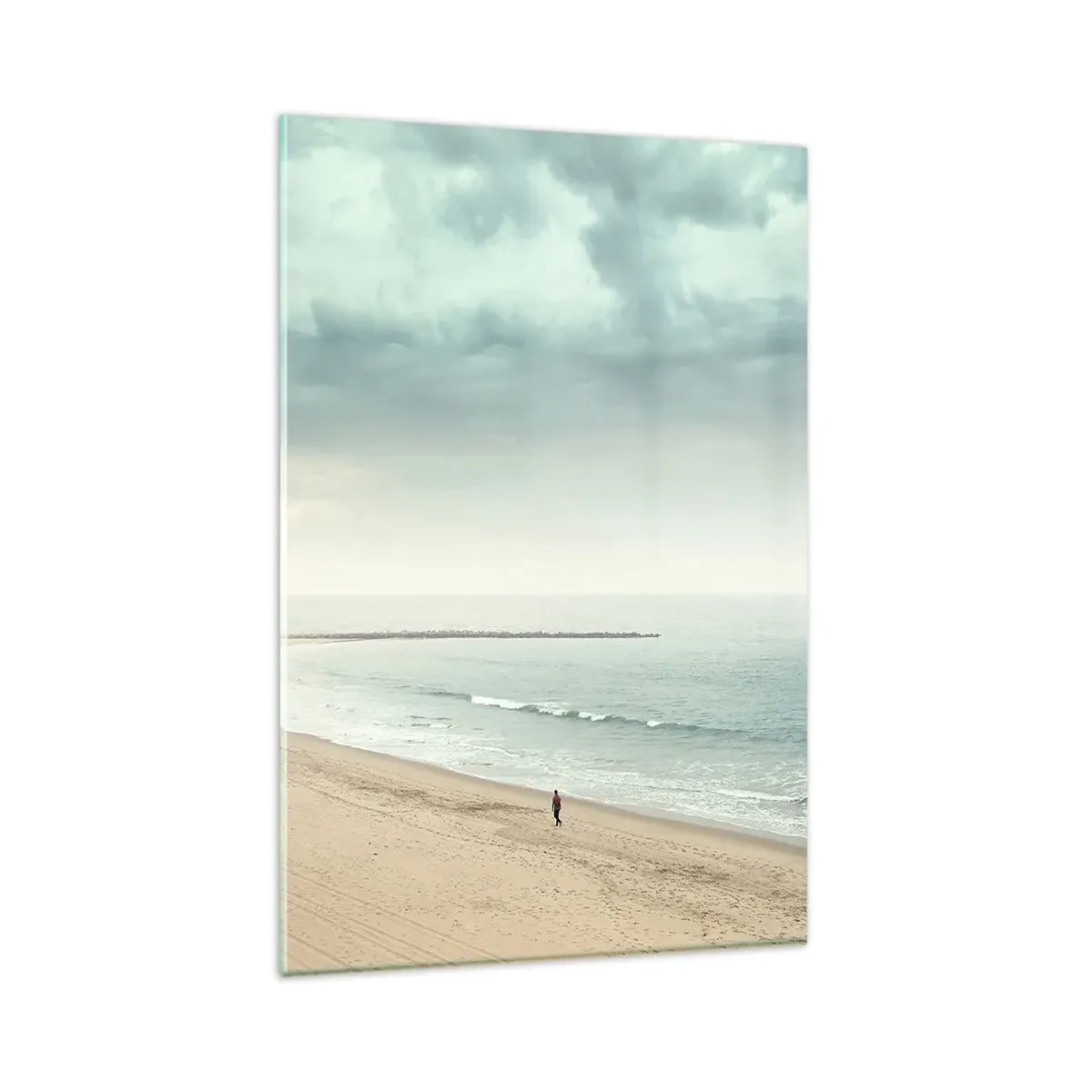 Glasbild - Bild auf glas - Eine einsame Gestalt an einem verlassenen Strand an einem ruhigen Meer - 80x120cm - Auf der Suche nach Frieden - Moderne Wanddekoration für Wohnzimmer und Schlafzimmer ARTTOR