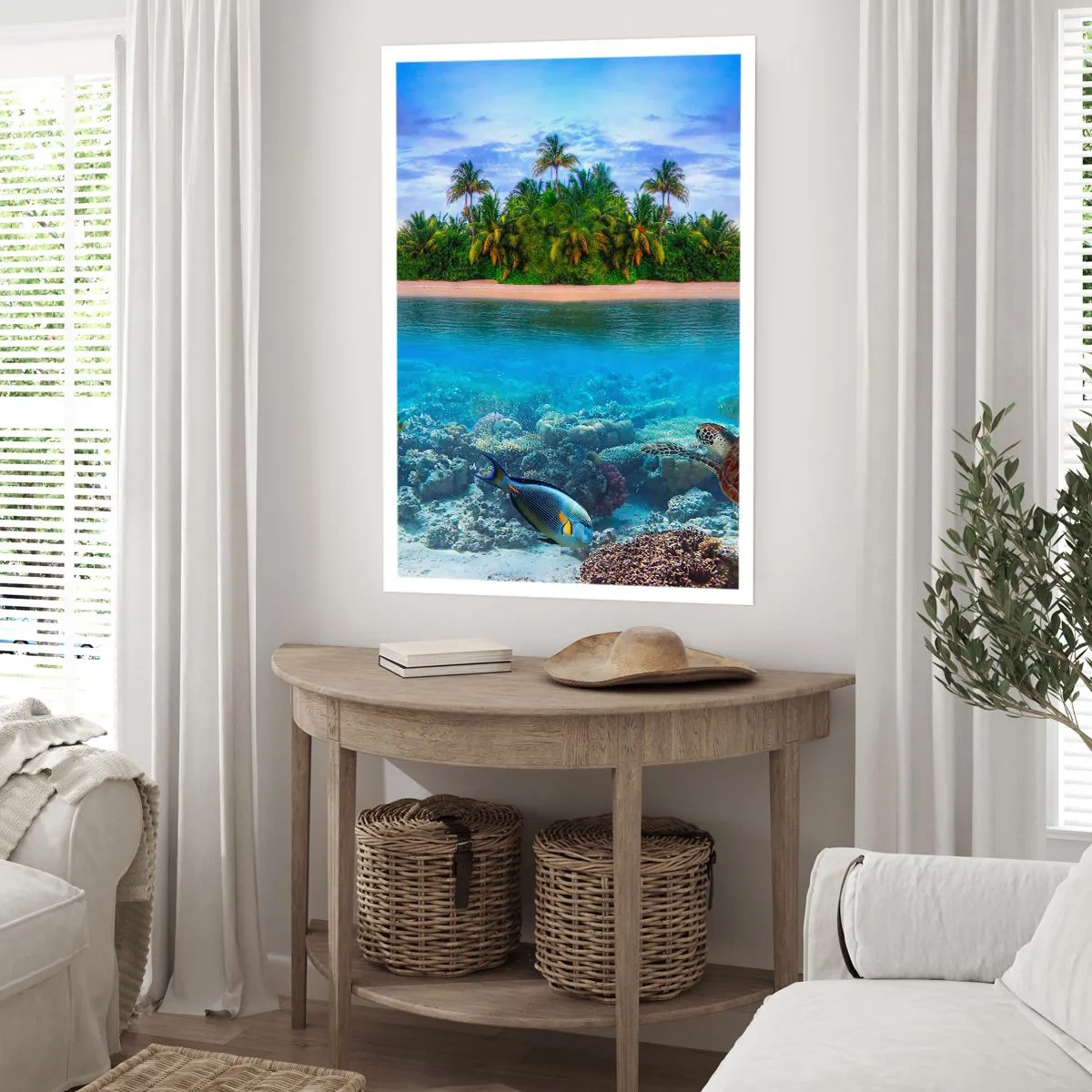 Poster - Eine tropische Insel mit einem Korallenriff und exotischen Fischen. - 50x70cm - Heavenly Island lädt dich ein - Moderne Wanddekoration für Wohnzimmer und Schlafzimmer ARTTOR