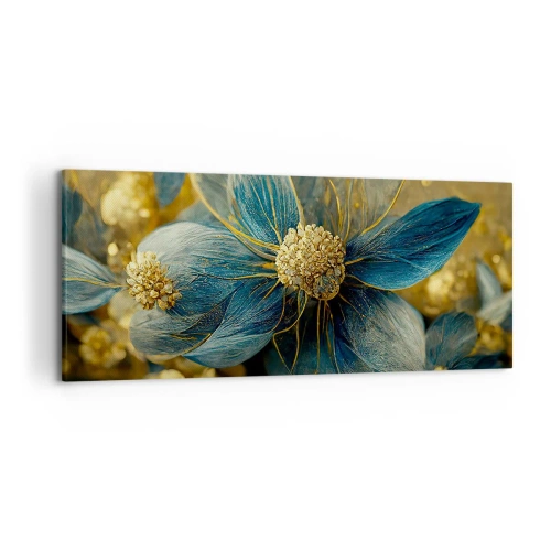 Bild auf Leinwand - Leinwandbild - Elegante Blumen in Blau- und Goldtönen - 120x50cm - Mit Gold blühen - Moderne Wanddekoration für Wohnzimmer und Schlafzimmer ARTTOR