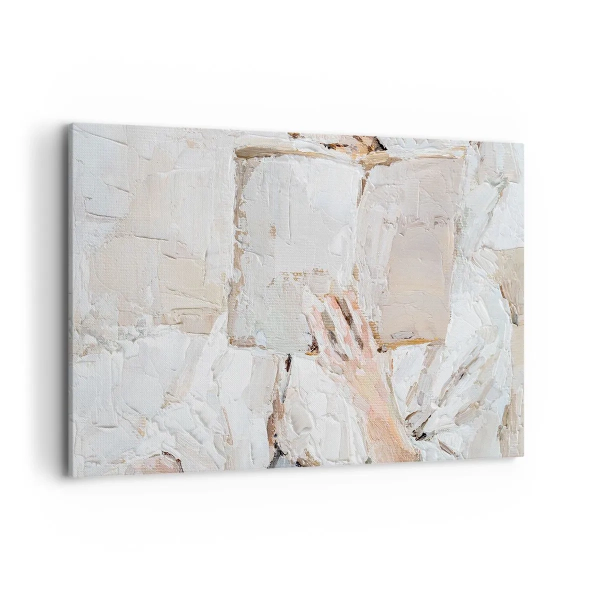 Bild auf Leinwand - Leinwandbild - Ein impressionistisches Gemälde einer Hand, die ein offenes Buch hält. - 120x80cm - In einer anderen Welt - Moderne Wanddekoration für Wohnzimmer und Schlafzimmer ARTTOR