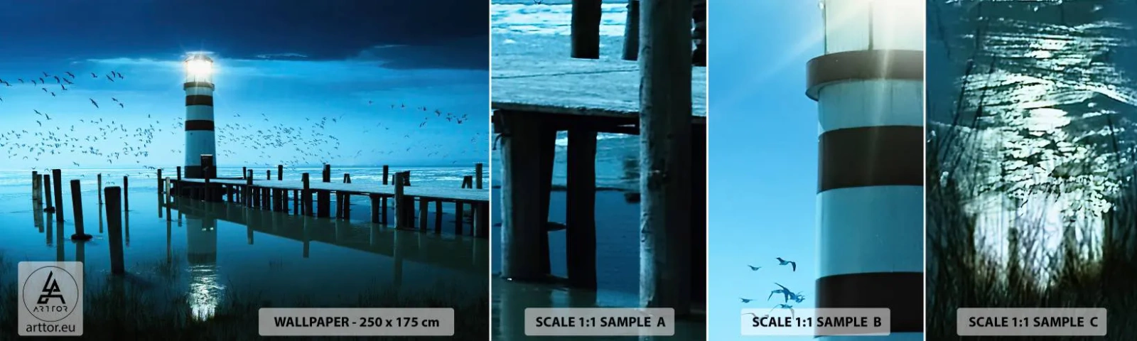 Fototapetenmuster Standard Eco - Und du hast keine Angst vor der Dunkelheit - Landschaft, Leuchtturm, Holzbrücke - 100x30 cm