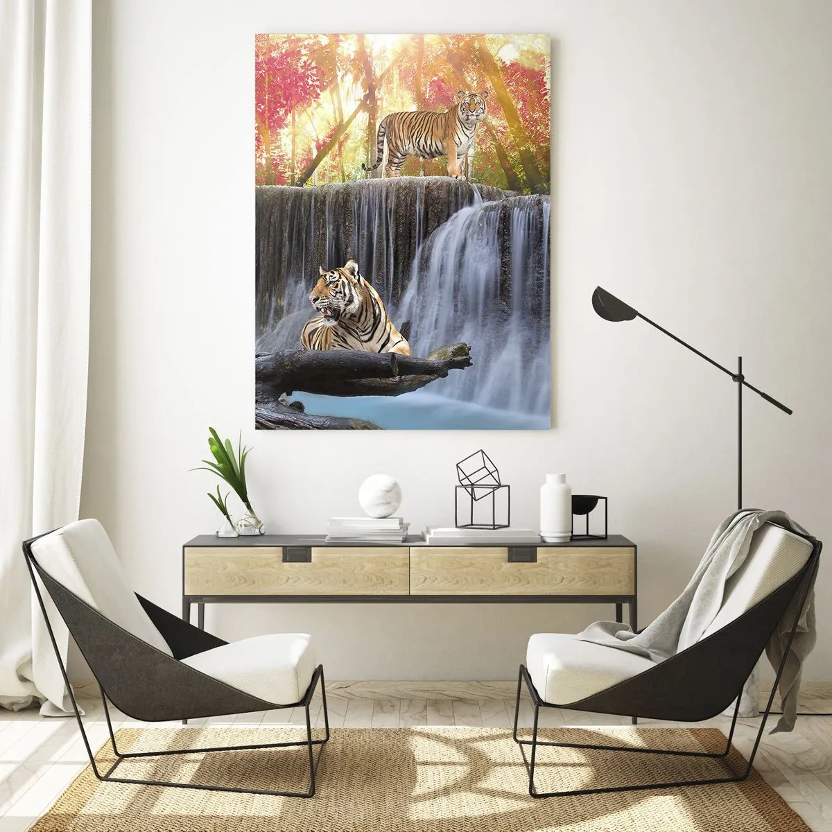 Glasbild - Bild auf glas - Tiger vor einem Wasserfall und Herbstlandschaft - 50x70cm - Surreale Landschaft - Moderne Wanddekoration für Wohnzimmer und Schlafzimmer ARTTOR