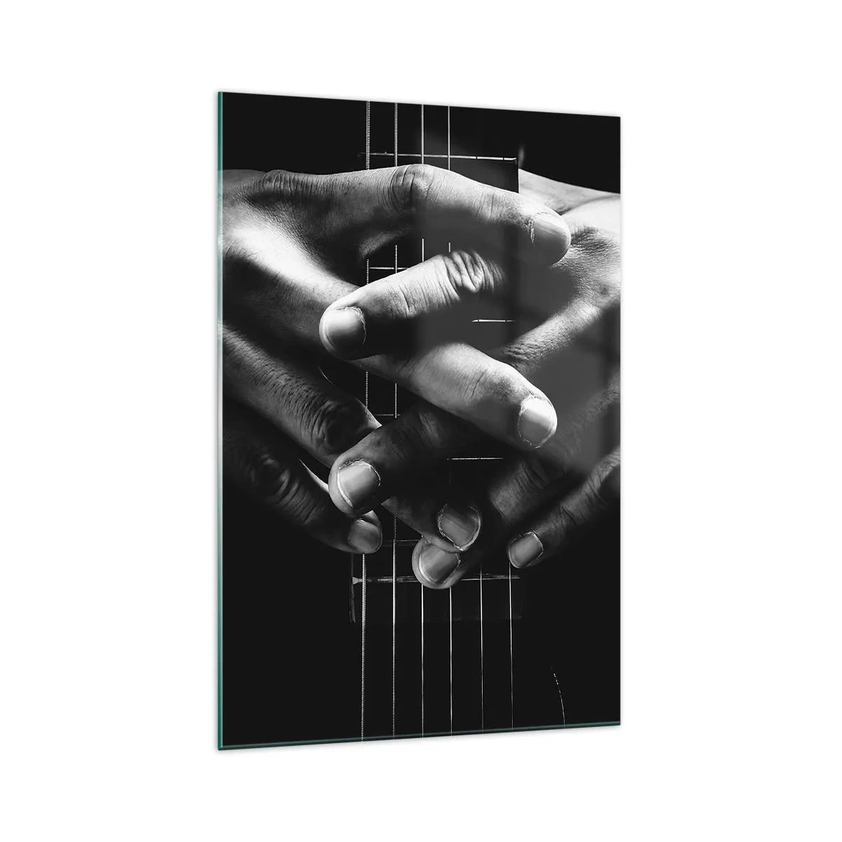 Glasbild - Bild auf glas - Hände auf einer Gitarre in einem monochromen Ton gefaltet - 70x100cm - Gebet des Künstlers - Moderne Wanddekoration für Wohnzimmer und Schlafzimmer ARTTOR