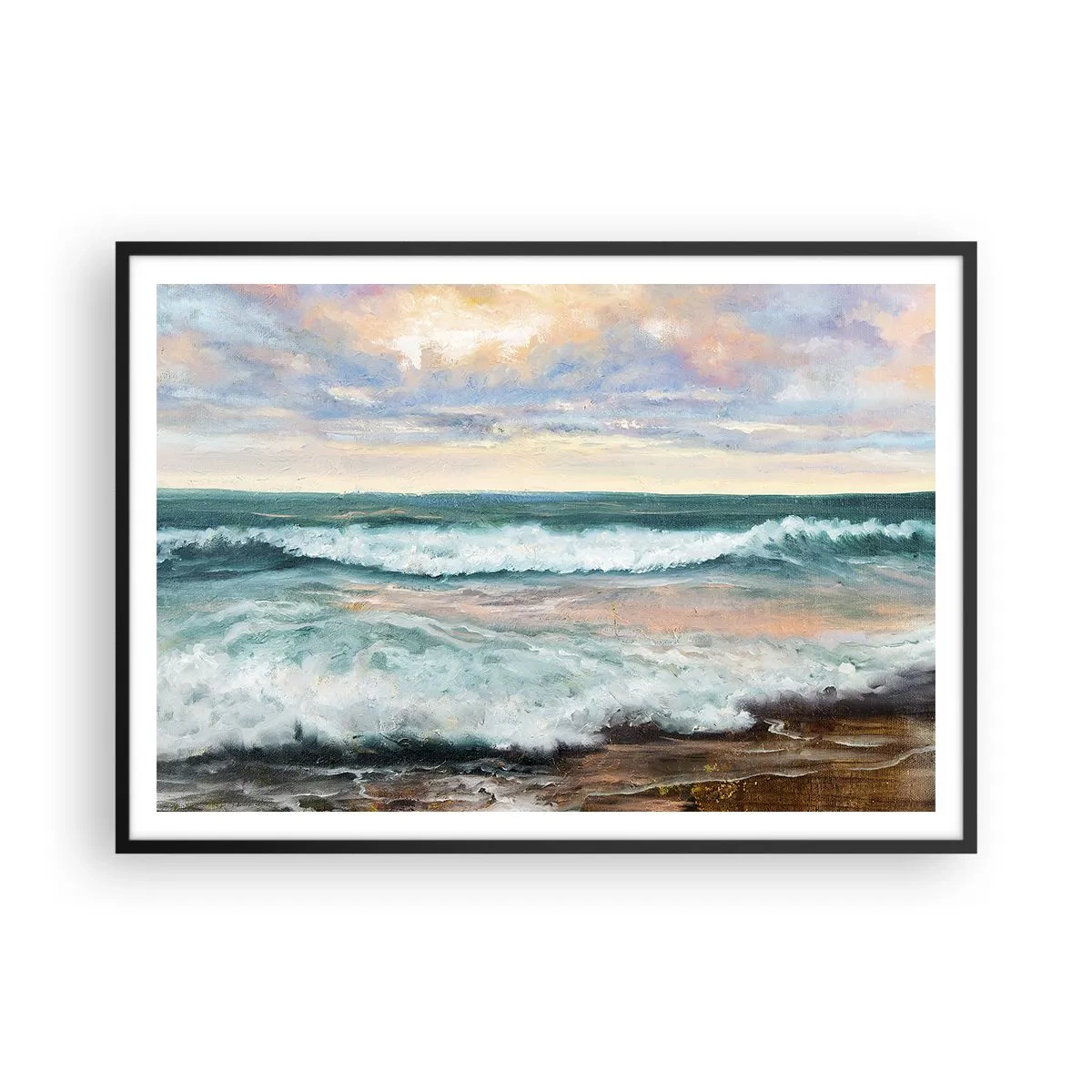 Poster in einem schwarzem Rahmen - Meereswellen vor einem bewölkten Himmel bei Sonnenuntergang - 100x70cm - Hier werden Sie Ihre Seele baumeln lassen - Moderne Wanddekoration für Wohnzimmer und Schlafzimmer ARTTOR