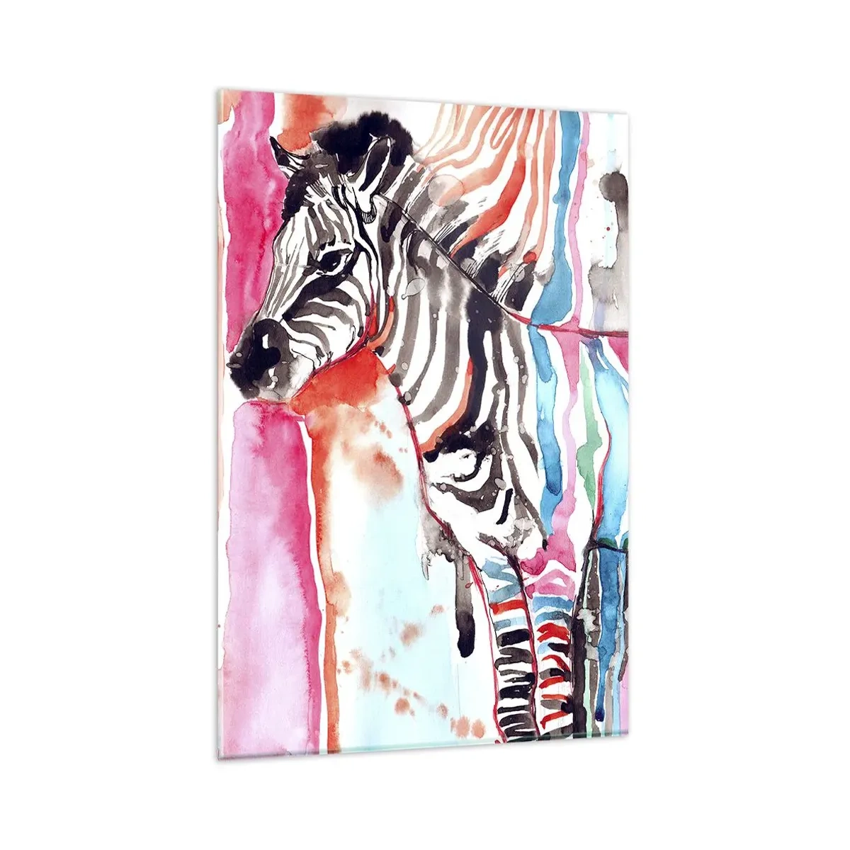 Glasbild - Bild auf glas - Ein buntes Zebra vor einem Hintergrund aus abstrakten Aquarellmustern - 80x120cm - Unbeschwerter Witz der Natur - Moderne Wanddekoration für Wohnzimmer und Schlafzimmer ARTTOR