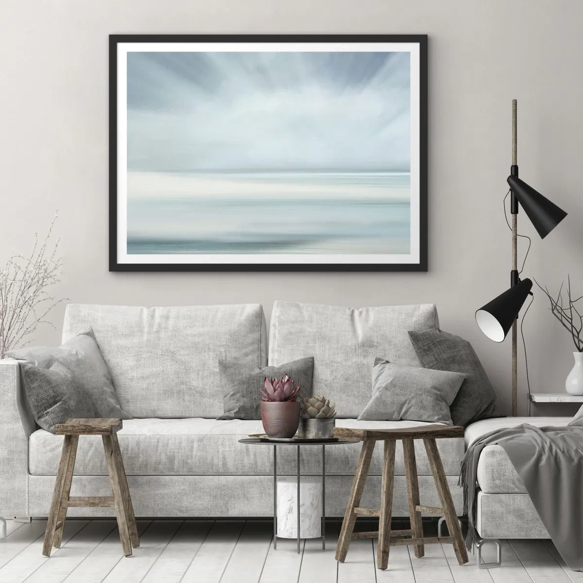 Poster in einem schwarzem Rahmen - Eine minimalistische Landschaft in zarten Blautönen - 70x50cm - Frieden bis zum Horizont - Moderne Wanddekoration für Wohnzimmer und Schlafzimmer ARTTOR