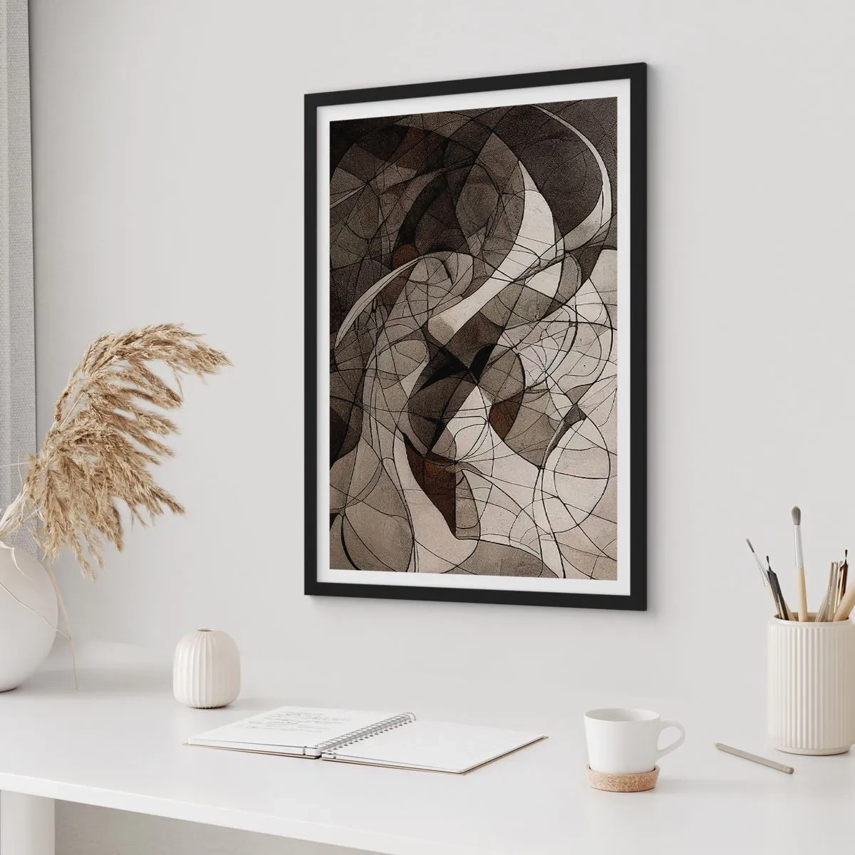 Poster in einem schwarzem Rahmen - Abstrakte Komposition aus geometrischen Linien und Formen - 50x70cm - Zirkulation von Erdfarben - Moderne Wanddekoration für Wohnzimmer und Schlafzimmer ARTTOR