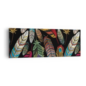 Bild auf Leinwand - Leinwandbild - Bunte Federn auf schwarzem Hintergrund - 140x50cm - Der Vogelkarneval - Moderne Wanddekoration für Wohnzimmer und Schlafzimmer ARTTOR