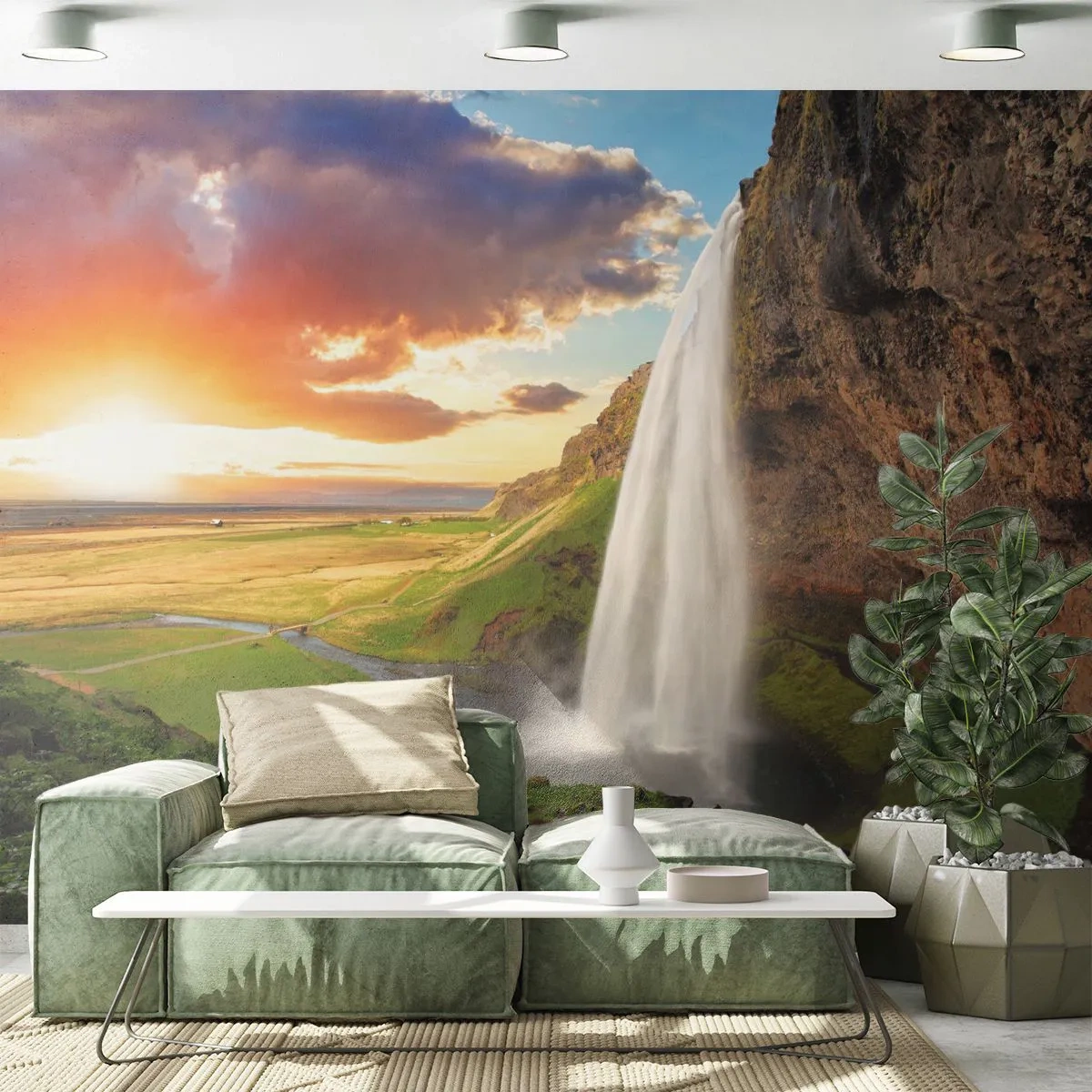 Fototapete Premium Sand - Die Fülle des isländischen Sommers - Landschaft, Wasserfall, Island - 100x70 cm