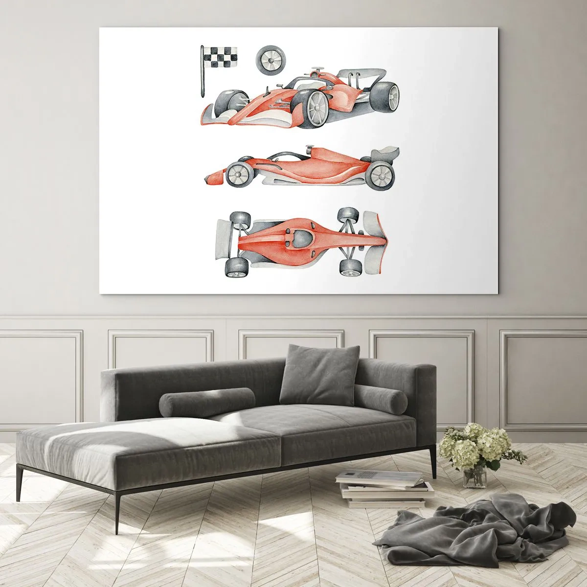 Glasbild - Bild auf glas - Drei-Aufnahmen-Illustration eines roten Rennwagens mit einer Rennflagge - 100x70cm - Dem Traum folgen - Moderne Wanddekoration für Wohnzimmer und Schlafzimmer ARTTOR