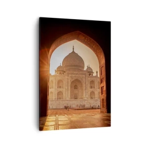 Bild auf Leinwand - Leinwandbild - Taj Mahal im Sonnenlicht vom Torbogen aus gesehen - 50x70cm - Denkmal der überirdischen Liebe - Moderne Wanddekoration für Wohnzimmer und Schlafzimmer ARTTOR