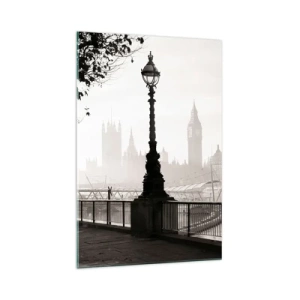 Glasbild - Bild auf glas - Eine monochrome Ansicht von Big Ben und der Themse. - 70x100cm - Londoner Morgen - Moderne Wanddekoration für Wohnzimmer und Schlafzimmer ARTTOR