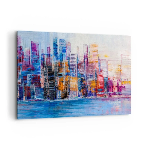 Bild auf Leinwand - Leinwandbild - Ein farbenfrohes Panorama der Stadt mit Spiegelungen auf dem Wasser - 100x70cm - Fröhliche Metropole - Moderne Wanddekoration für Wohnzimmer und Schlafzimmer ARTTOR