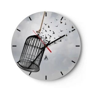 Wanduhr - Glasuhr - Der Käfig öffnet sich und Vögel fliegen in den Himmel - 30x30cm - Glaube ... Hoffnung ... Freiheit! - Moderne Wanddekoration für Wohnzimmer, Küche und Schlafzimmer ARTTOR