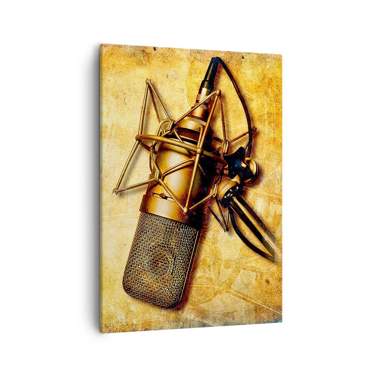 Bild auf Leinwand - Leinwandbild - Ein goldenes Studiomikrofon vor einem Vintage-Hintergrund in warmen Tönen. - 50x70cm - Die goldenen Jahre des Radios - Moderne Wanddekoration für Wohnzimmer und Schlafzimmer ARTTOR