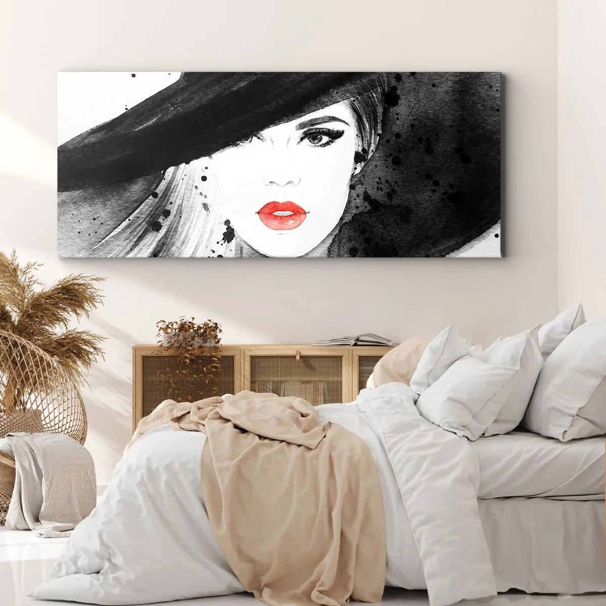Bild auf Leinwand - Leinwandbild - Porträt einer Frau mit Hut und roten Lippen - 120x50cm - Frau in schwarz - Moderne Wanddekoration für Wohnzimmer und Schlafzimmer ARTTOR