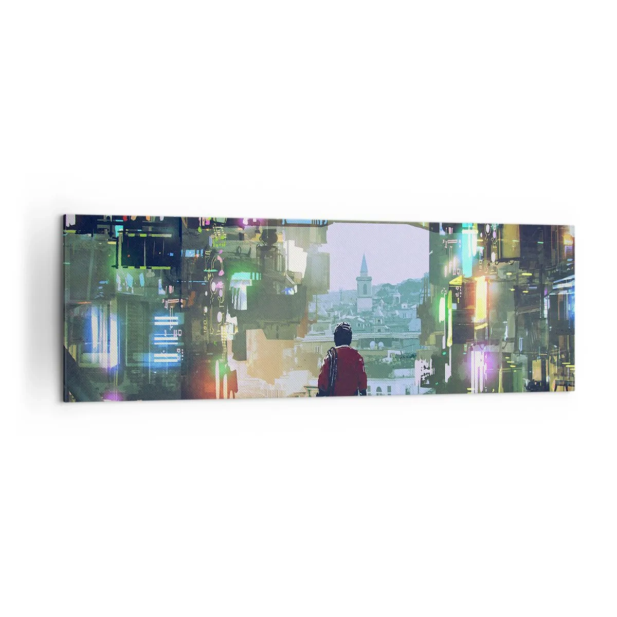 Bild auf Leinwand - Leinwandbild - Eine Figur in einer futuristischen Stadt mit Neonlichtern - 160x50cm - Zwei Welten - Moderne Wanddekoration für Wohnzimmer und Schlafzimmer ARTTOR