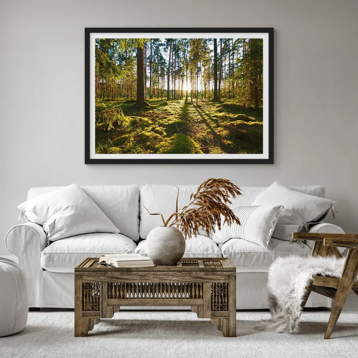 Poster in einem schwarzem Rahmen - Grüner Wald, beleuchtet durch Sonnenlicht auf dem Moos - 100x70cm - … Hinter den sieben Wäldern - Moderne Wanddekoration für Wohnzimmer und Schlafzimmer ARTTOR
