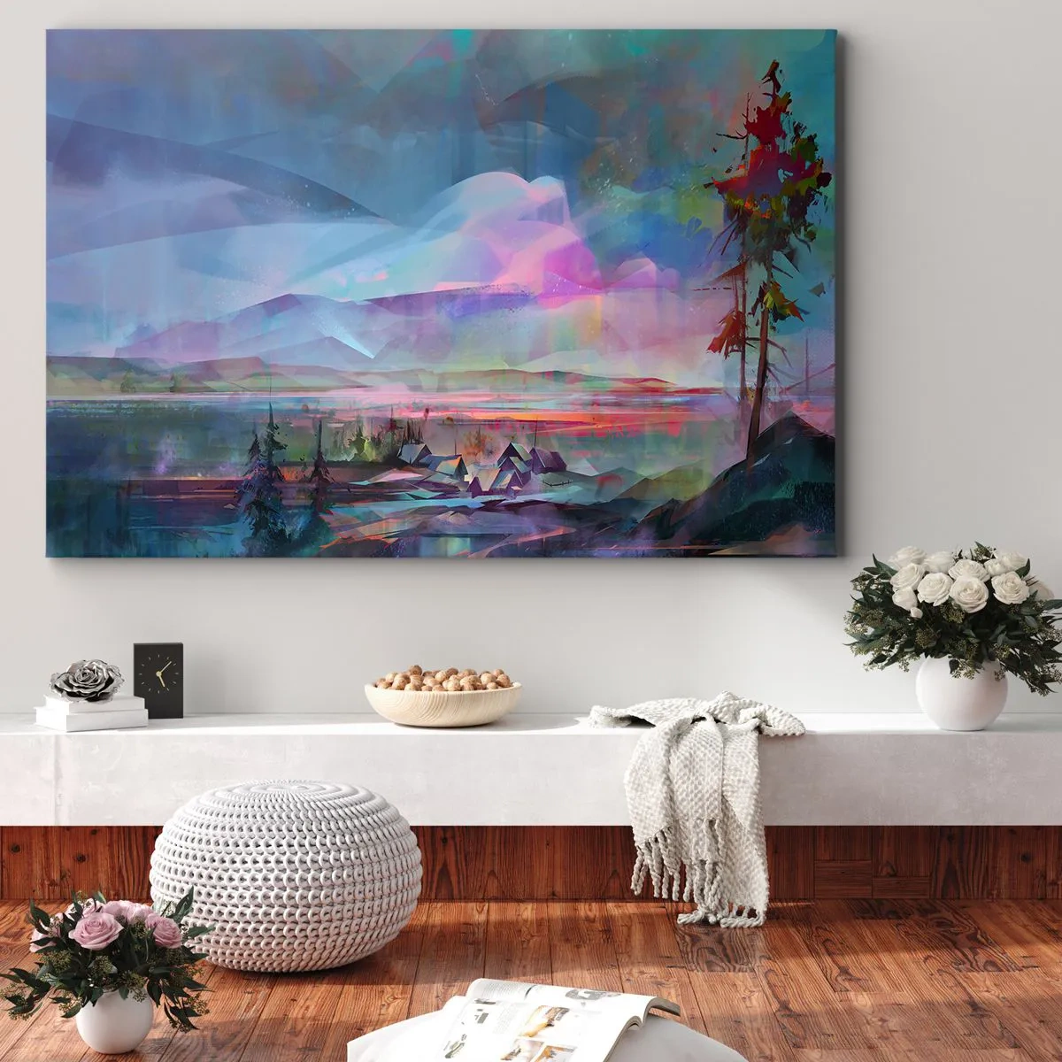 Bild auf Leinwand - Leinwandbild - Berglandschaft mit buntem Himmel und einem Dorf - 120x80cm - Unter einem wohlwollenden Himmel - Moderne Wanddekoration für Wohnzimmer und Schlafzimmer ARTTOR