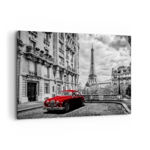 Bild auf Leinwand - Leinwandbild - Ein rotes Auto mit dem Eiffelturm im Hintergrund in einer schwarz-weißen Umgebung - 100x70cm - Raubtier in der Stadt - Moderne Wanddekoration für Wohnzimmer und Schlafzimmer ARTTOR