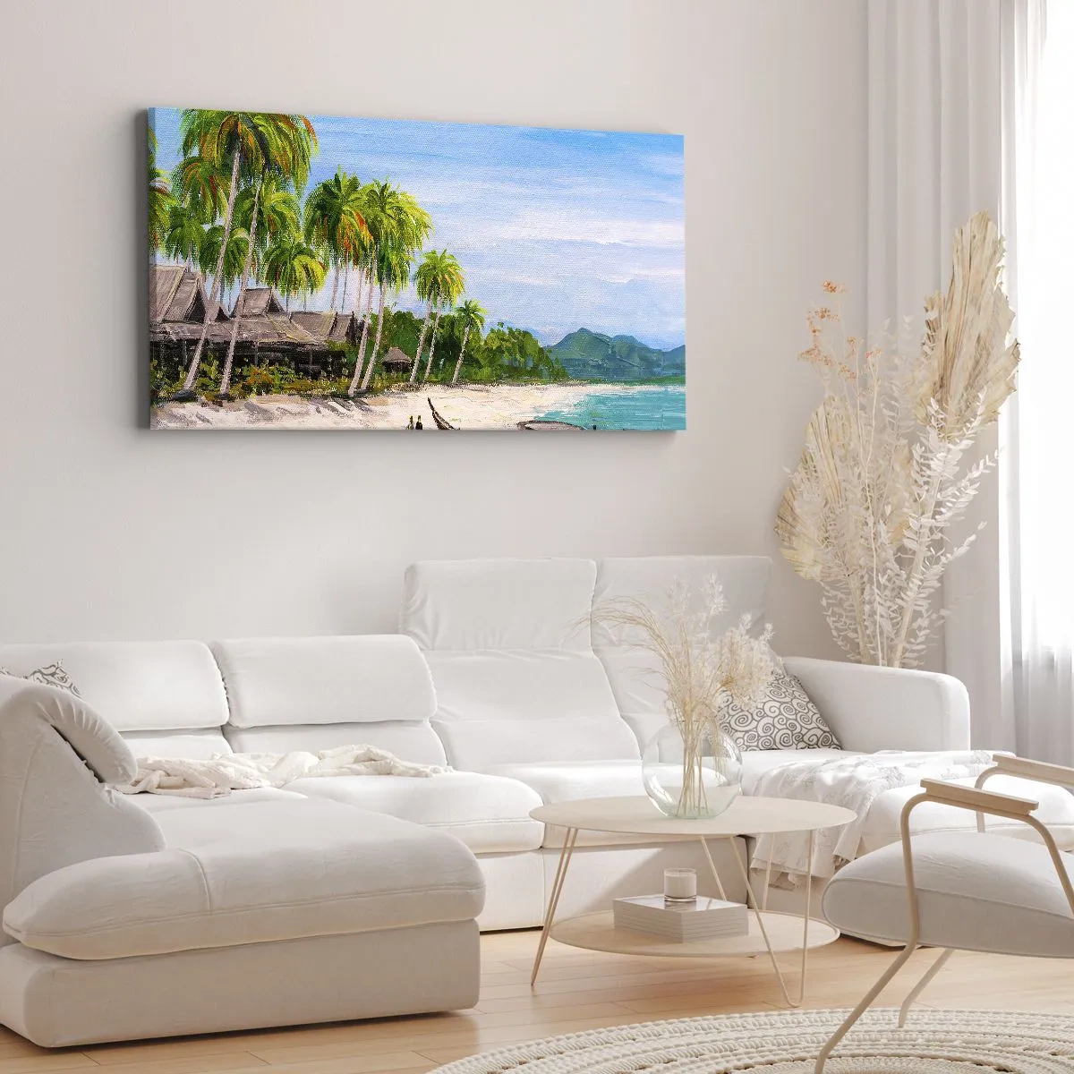 Bild auf Leinwand - Leinwandbild - Ein exotischer Strand mit Palmen und einem Boot am Ufer - 140x50cm - Exotischer Traum - Moderne Wanddekoration für Wohnzimmer und Schlafzimmer ARTTOR