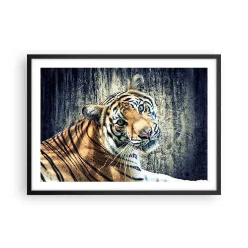 Poster in einem schwarzem Rahmen - Ein Tiger liegt an einer rauen Wand - 70x50cm - Portrait in Lichtstrahlen - Moderne Wanddekoration für Wohnzimmer und Schlafzimmer ARTTOR
