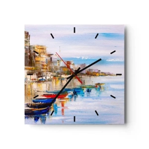 Wanduhr - Glasuhr - Bunte Boote am Ufer mit Blick auf die Skyline der Stadt - 30x30cm - Bunte urbane Oase - Moderne Wanddekoration für Wohnzimmer und Schlafzimmer ARTTOR