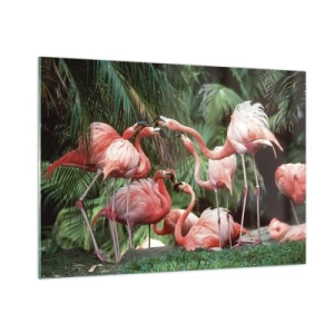 Glasbild - Bild auf glas - Flamingos inmitten tropischer Vegetation in leuchtenden Farben - 100x70cm - Nachmittagsklatsch - Moderne Wanddekoration für Wohnzimmer und Schlafzimmer ARTTOR
