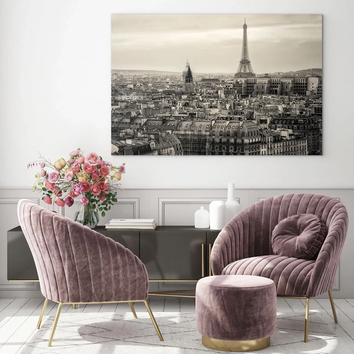 Glasbild - Bild auf glas - Ein Panorama von Paris mit Blick auf den Eiffelturm in Sepiatönen - 70x50cm - Über den Dächern von Paris - Moderne Wanddekoration für Wohnzimmer und Schlafzimmer ARTTOR