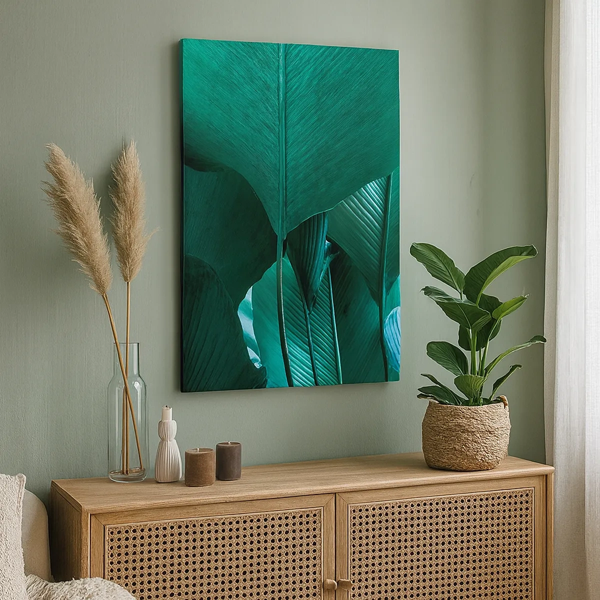 Bild auf Leinwand - Leinwandbild - Grüne Blätter in minimalistischer Komposition - 50x70cm - Dem Licht zugewandt - Moderne Wanddekoration für Wohnzimmer und Schlafzimmer ARTTOR