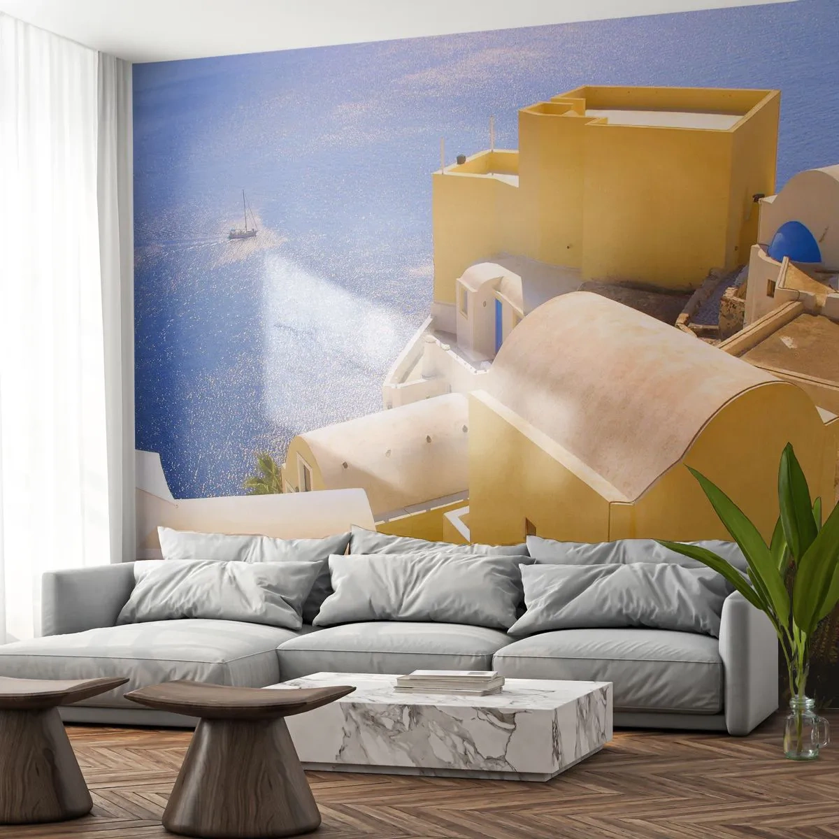 Fototapete Premium Sand - Griechische Gebäude vor dem blauen Meer - 100x70cm - Griechische Landschaft in Weiß und Blau - Moderne Wanddekoration für Wohnzimmer und Schlafzimmer ARTTOR
