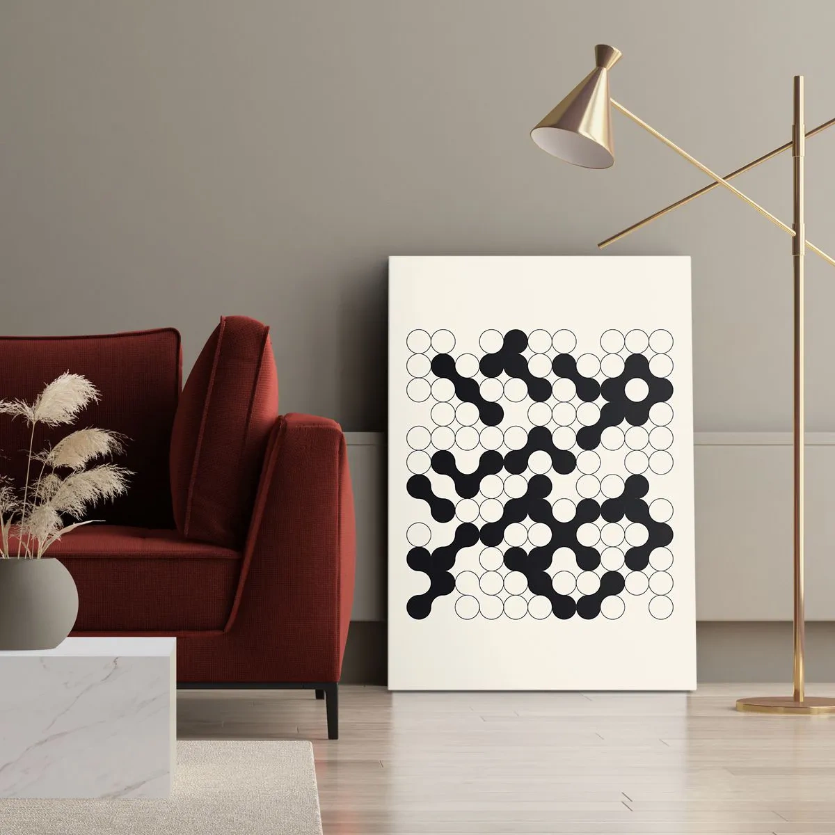 Bild auf Leinwand - Leinwandbild - Schwarz-weiße Muster mit Kreisen auf hellem Hintergrund - 50x70cm - Chinesisches Spiel – Variation - Moderne Wanddekoration für Wohnzimmer und Schlafzimmer ARTTOR