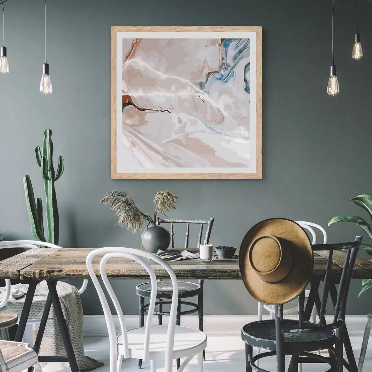 Poster in einem Rahmen aus heller Eiche - Blau schlängelt sich unter dem Weiß - 50x50 cm