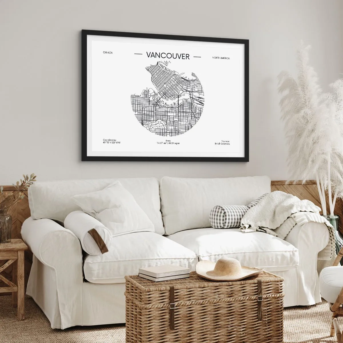 Poster in einem schwarzem Rahmen - Eine Karte von Vancouver im minimalistischen Schwarz-Weiß-Stil - 70x50cm - Anatomie von Vacouver - Moderne Wanddekoration für Wohnzimmer und Schlafzimmer ARTTOR
