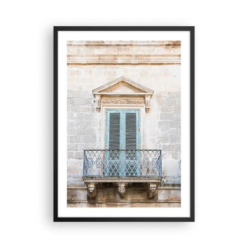 Poster in einem schwarzem Rahmen - Historischer Balkon mit blauen Fensterläden im mediterranen Stil - 50x70cm - Der einzigartige Charme Italiens - Moderne Wanddekoration für Wohnzimmer und Schlafzimmer ARTTOR
