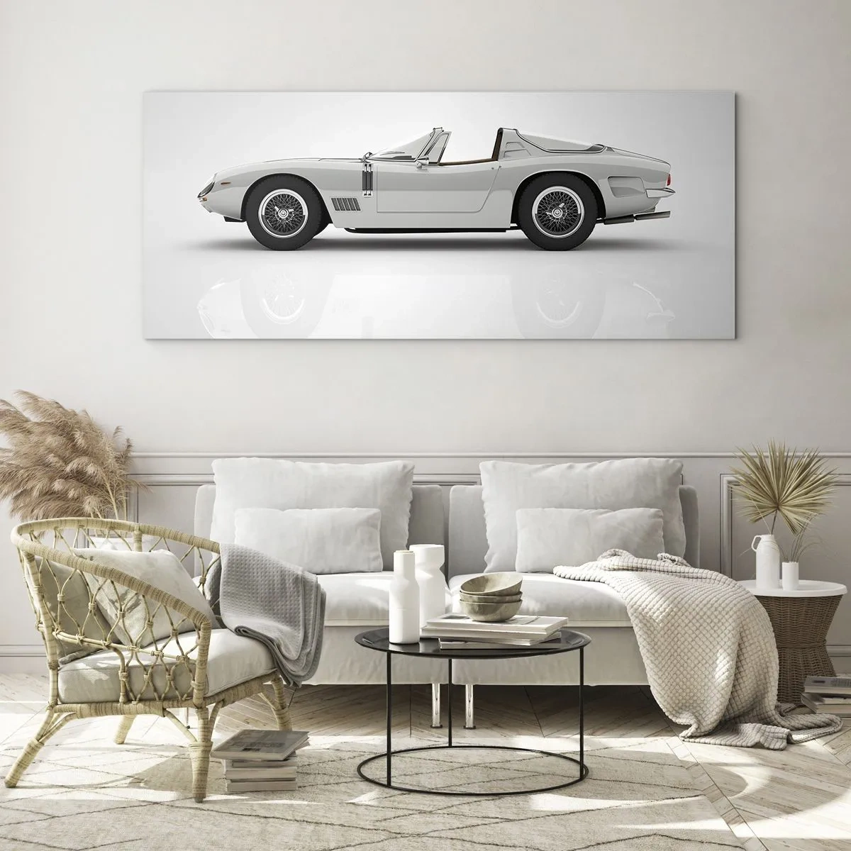 Glasbild - Bild auf glas - Klassisches weißes Cabrio auf hellem Hintergrund - 140x50cm - Spaß versprochen - Moderne Wanddekoration für Wohnzimmer und Schlafzimmer ARTTOR