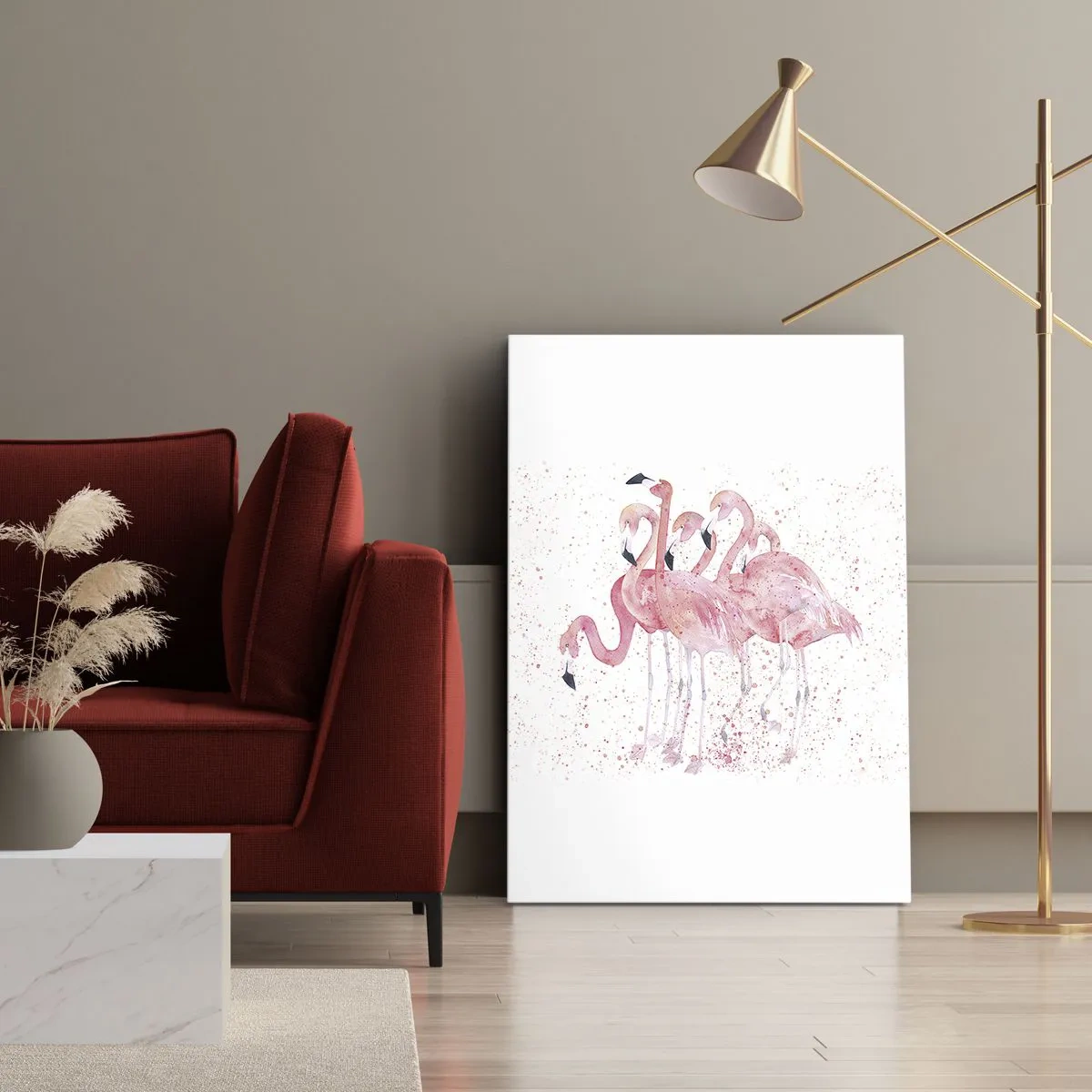 Bild auf Leinwand - Leinwandbild - Rosa Flamingos im künstlerischen Aquarellstil - 80x120cm - Rosa Ensemble - Moderne Wanddekoration für Wohnzimmer und Schlafzimmer ARTTOR