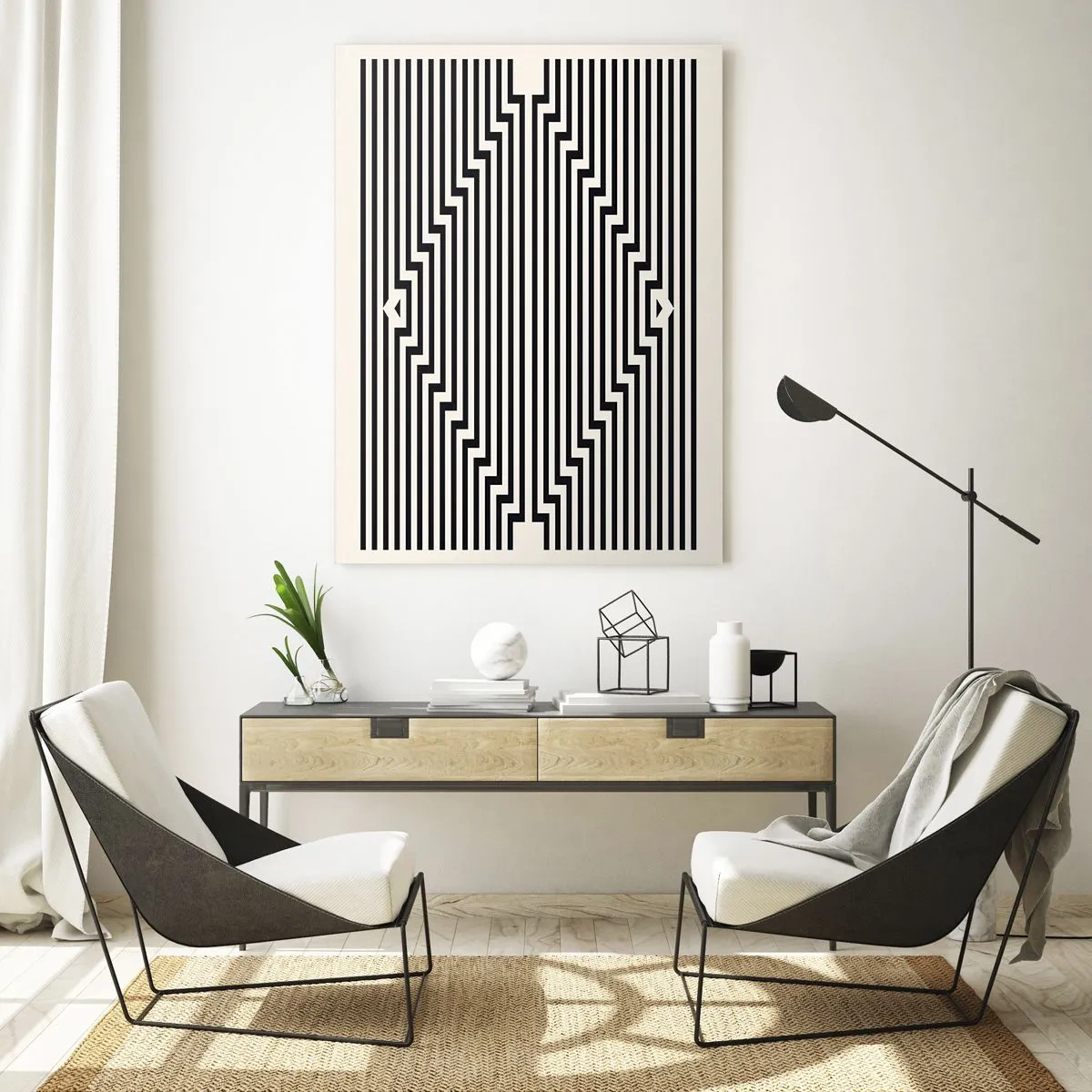 Glasbild - Bild auf glas - Ein faszinierendes Muster aus schwarzen und weißen Linien, das eine Illusion erzeugt - 50x70cm - Geometrische Illusion - Moderne Wanddekoration für Wohnzimmer und Schlafzimmer ARTTOR