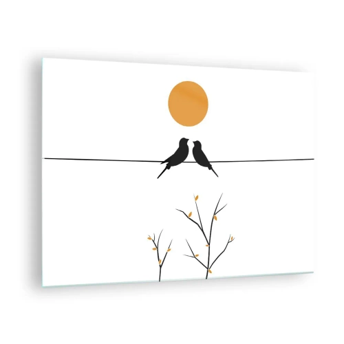 Glasbild - Bild auf glas - Vögel auf einer Linie unter einer orangefarbenen Sonne - 70x50cm - Abend der Nachtigallen - Moderne Wanddekoration für Wohnzimmer und Schlafzimmer ARTTOR