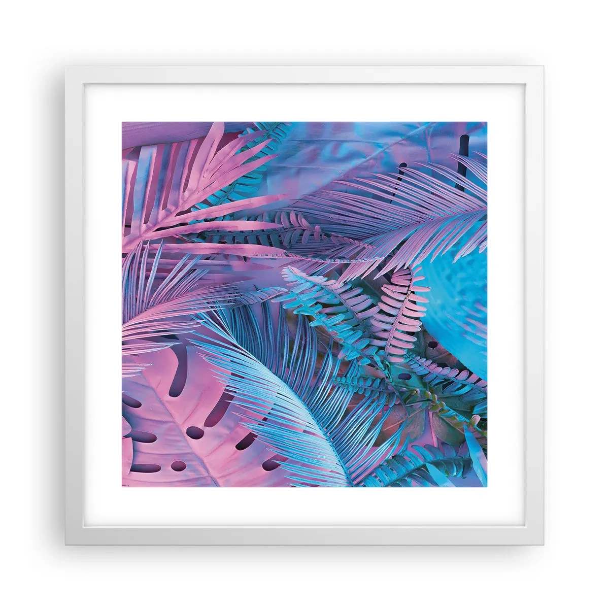 Poster in einem weißen Rahmen - Tropen in Rosa und Blau - 40x40 cm