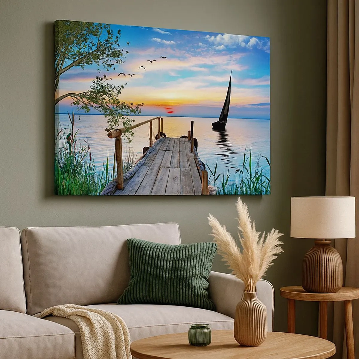 Bild auf Leinwand - Leinwandbild - Seepier mit Boot und Sonnenuntergang - 70x50cm - Guten Abend - Moderne Wanddekoration für Wohnzimmer und Schlafzimmer ARTTOR