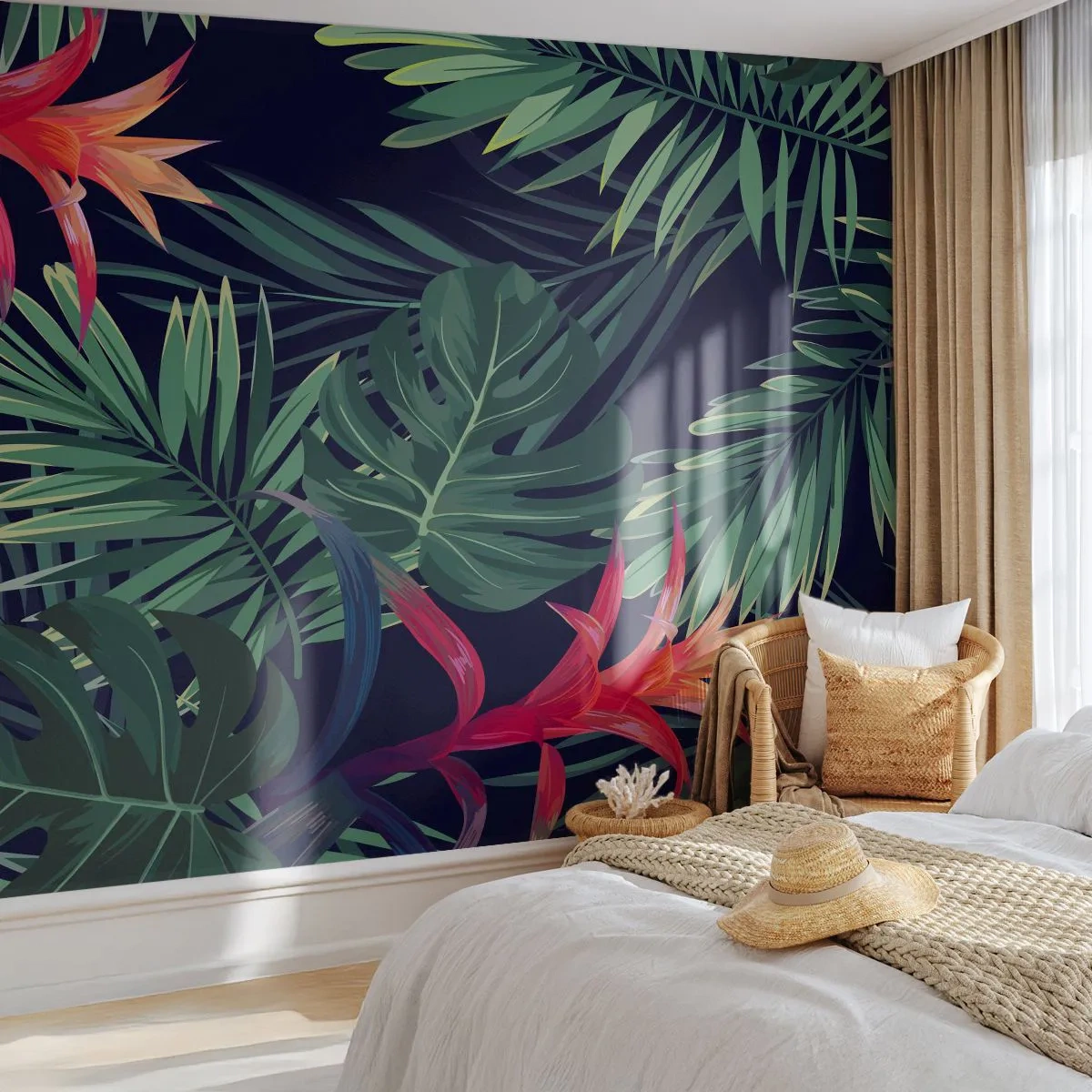 Fototapete Standard Eco - Im Grünen in Flammen gehen - Blumen, Tropische Pflanze, Palmenblätter - 250x175 cm