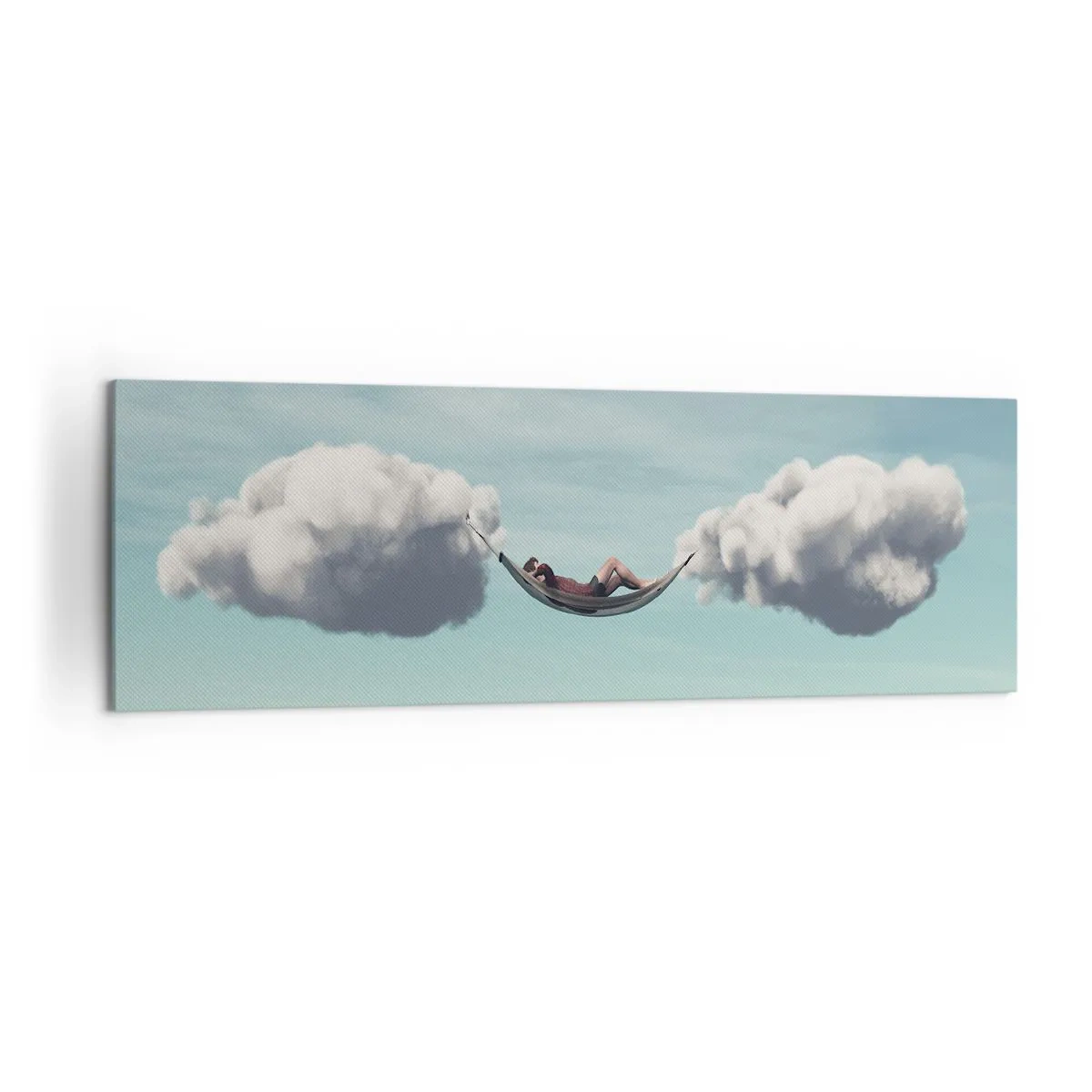Bild auf Leinwand - Leinwandbild - Eine Person entspannt in einer Hängematte in den Wolken - 160x50cm - Die Behaglichkeit des Augenblicks - Moderne Wanddekoration für Wohnzimmer und Schlafzimmer ARTTOR
