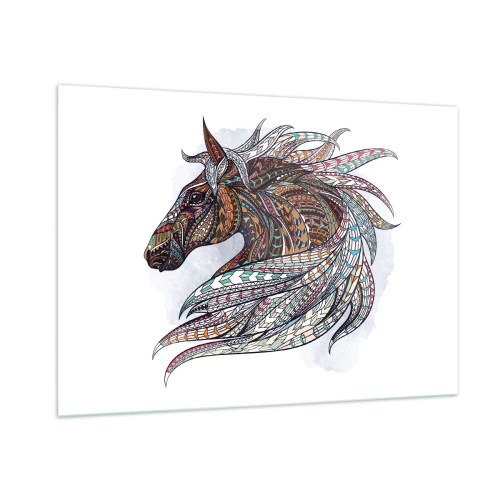 Glasbild - Bild auf glas - Buntes Pferd im künstlerischen Stil mit geometrischen Mustern - 100x70cm - Keltisches Kriegsross - Moderne Wanddekoration für Wohnzimmer und Schlafzimmer ARTTOR