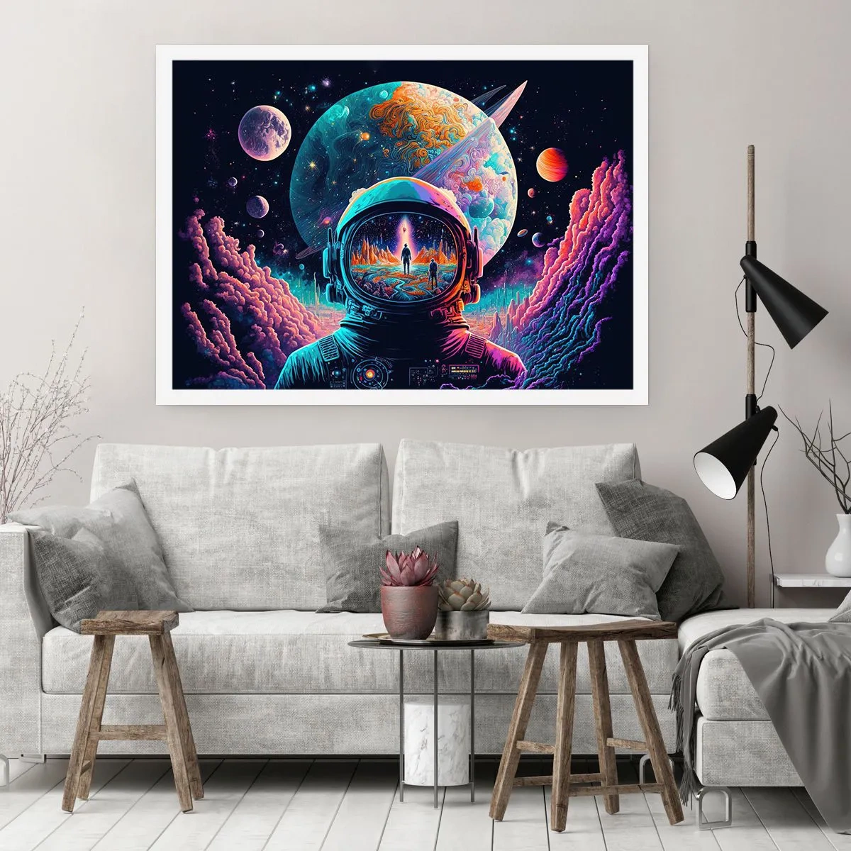Poster - Astronaut im Weltraum mit einer farbenfrohen Planetenlandschaft - 100x70cm - Philosophen haben nicht davon geträumt - Moderne Wanddekoration für Wohnzimmer und Schlafzimmer ARTTOR